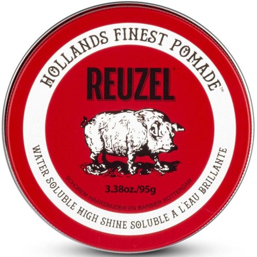 A round red tin of Reuzel hair pomade with pig illustration and text about its quality and ingredients.