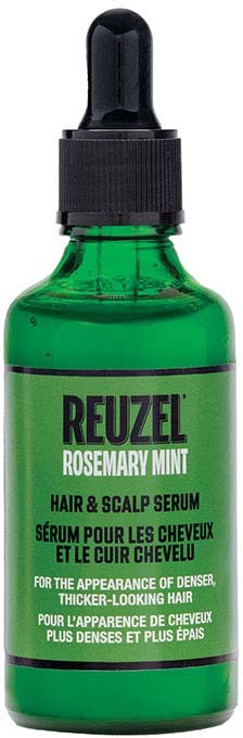 Green Revuzel Rosemary Mint hair serum bottle with a dropper cap, showing product label in black and white.