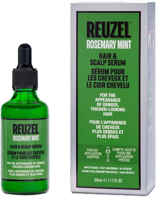 Green glass bottle of Reuzel Rosemary Mint hair and scalp serum with dropper, and its packaging box with product details.
