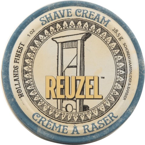 Sirkulært merke med vintage barberhøvelillustrasjon, merkevarenavnet 'REUZEL' og ord som 'skumkrem' og 'Hollands fineste'.