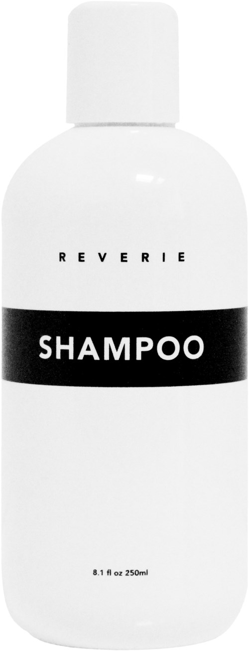 En hvit sjamposflaske med svart etikett som sier 'SHAMPOO' og mindre tekst 'REVERIE', 8.1 oz, 250 ml.