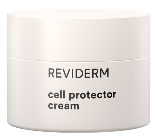 En vit burk märkt Reviderm cell protector cream. Enkel design, inga bilder eller extra färger, främst text.