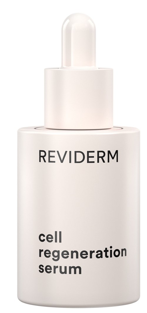 Een witte bottle met pipetdop met label 'REVIDERM cell regeneration serum'.