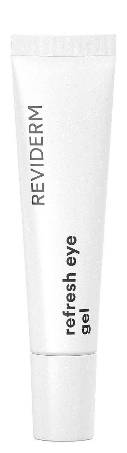 A white tube of Refresh Eye Gel by ReviDerm with black text on a plain background.