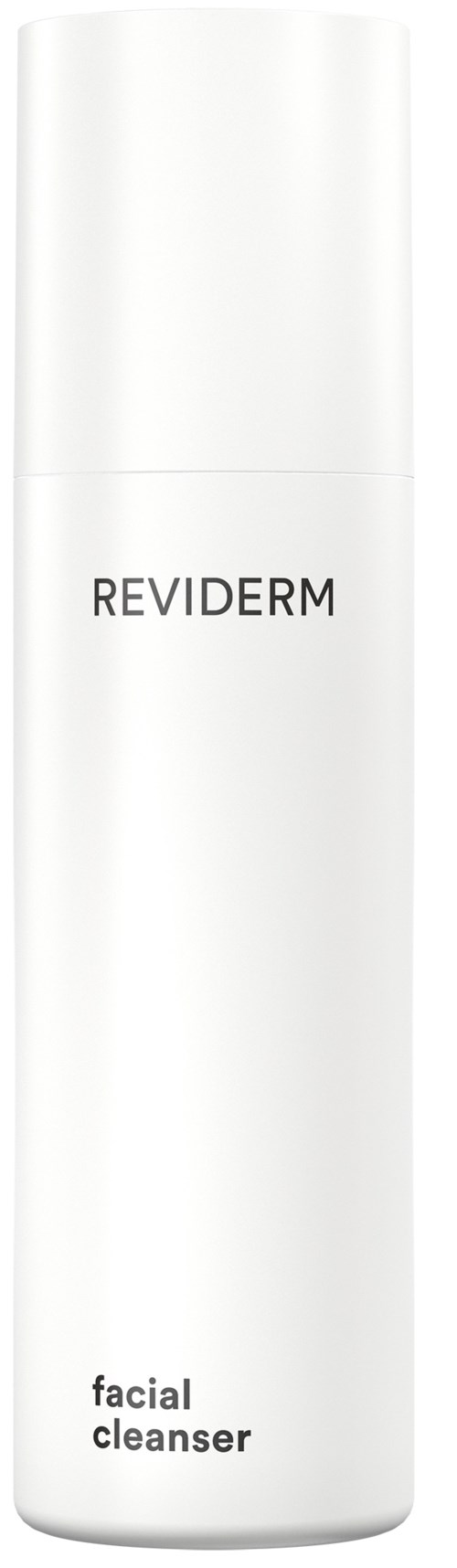 En vit cylindrisk flaska märkt 'REVIDERM facial cleanser' på svart bakgrund.