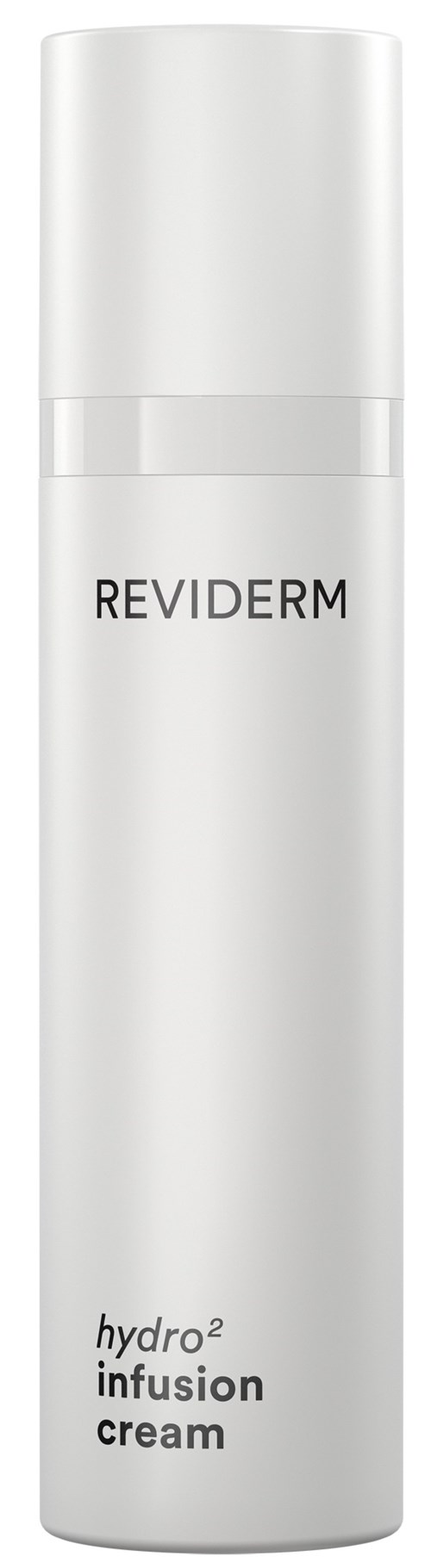 Een wit flesje met deksel, gelabeld Reviderm hydro infusion cream, staand rechtop.