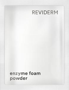 Wit zakje met ReviderM enzym-schuimpulver, eenvoudig en schoon ontwerp met zwarte tekst.