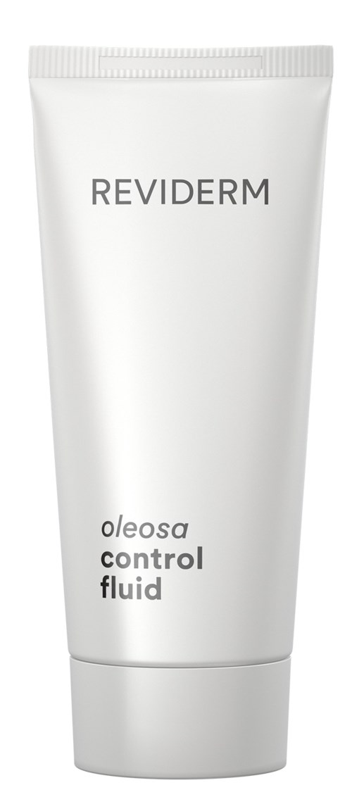 En vit tub av Reviderm Oleosa Control Fluid hudvårdsprodukt med grå text.