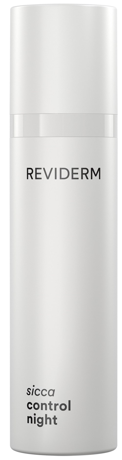 En vit cylindrisk flaska med varumärket 'REVIDERM' och produktbeskrivningen 'sicca control night'.