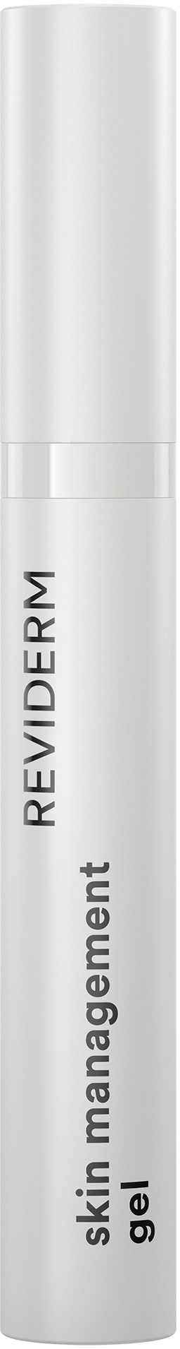 Een witte tube met de tekst 'Reviderm Skin Management Gel'.