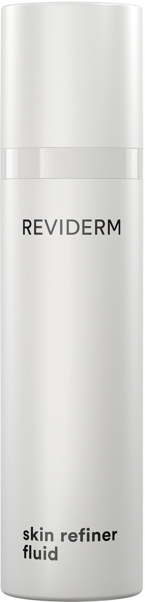 En vit cylindrisk flaska med lock, märkt "REVIDERM skin refiner fluid."