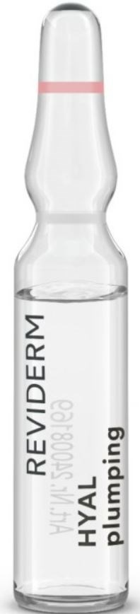 A small glass vial labeled 'HYAL Plumping' from REVIDER, used for skin treatment or filling lines.