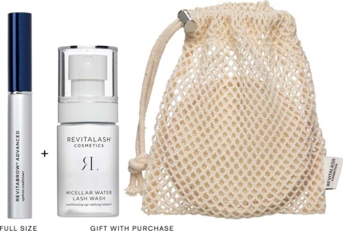 Lip and eye care products alongside a small beige net pouch. The pouch has a drawstring closure.