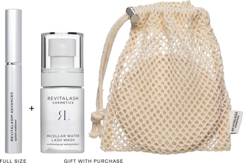 A set of eyelash products with a white mesh bag for storage.