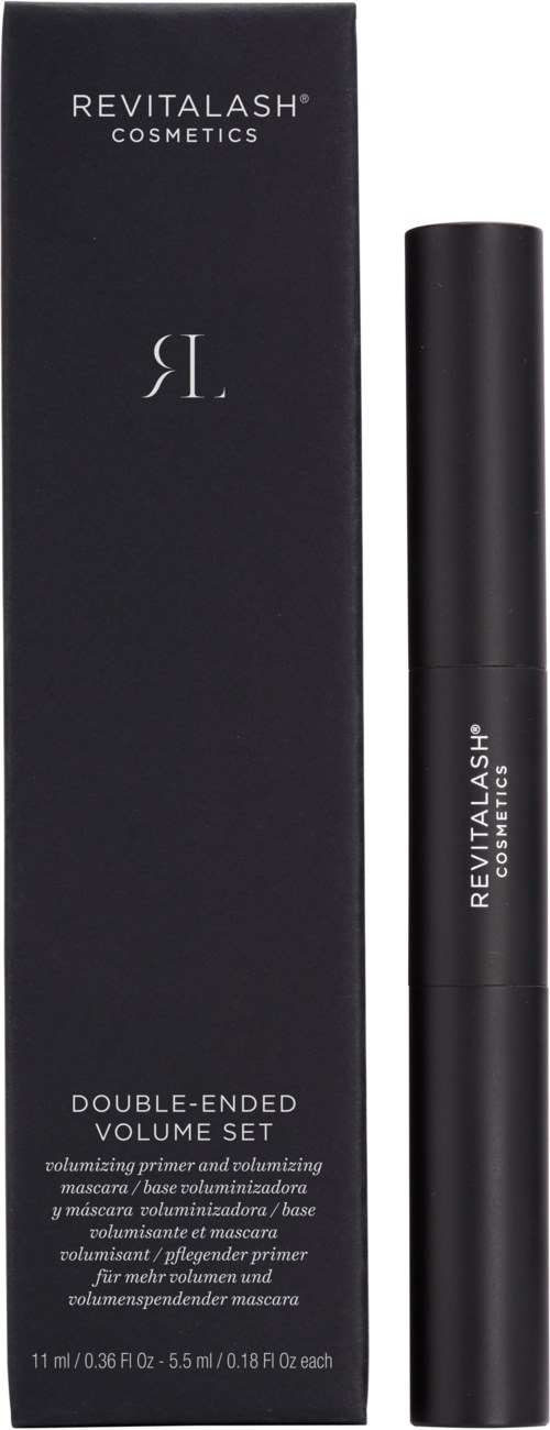 Musta laatikko ja musta putki Revitalash Cosmeticsin kaksoispäävolyymipakkaukselle. Minimalistinen muotoilu.