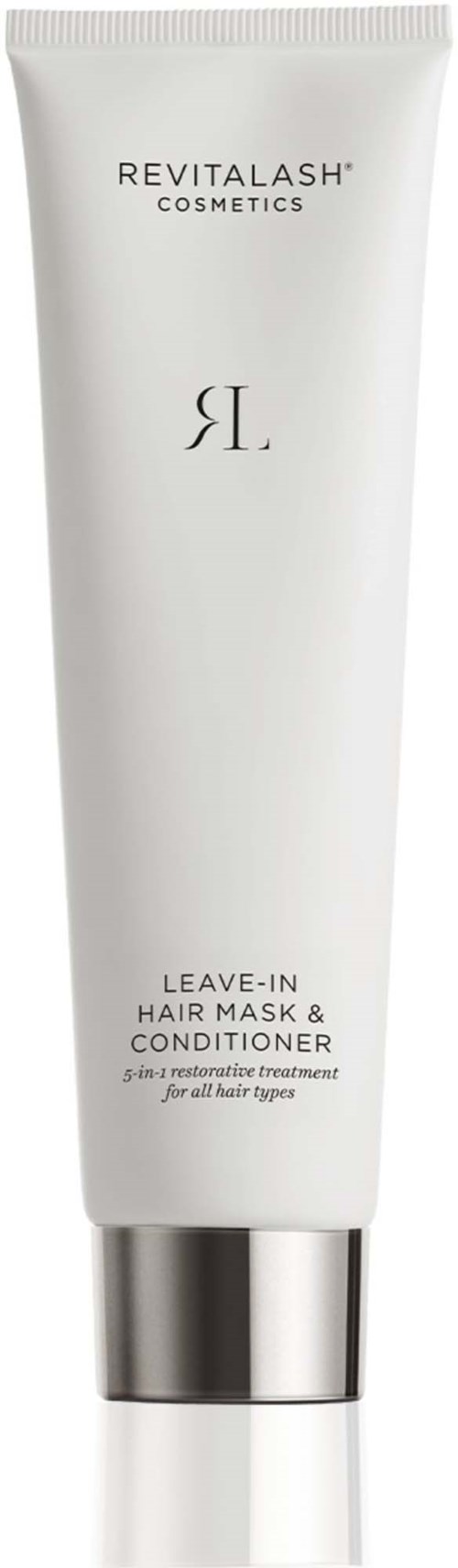 White tube of Revitalash Cosmetics Leave-In Hair Mask and Conditioner with silver cap, lettering in black.