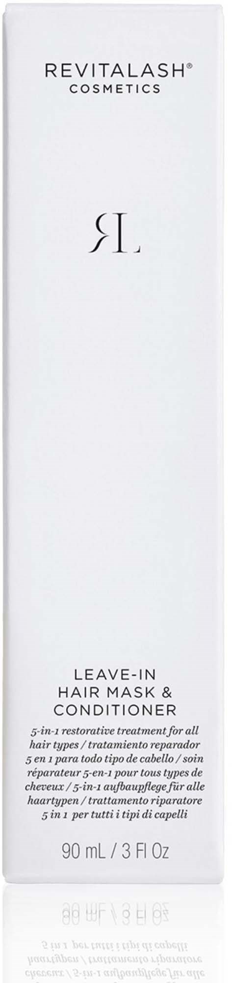 Long white box packaging for Revitalash leave-in hair mask and conditioner with black text and logo.