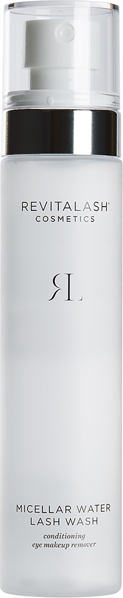 En vit flaska med genomskinlig kork och svart text, märkt Revitalash Cosmetics Micellar Water Lash Wash.