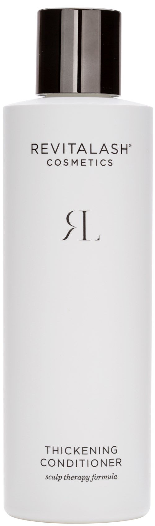 En hvit flaske med svart lokk, merket 'Revitalash Cosmetics' og 'Thickening Conditioner' for hodebunnspleie.