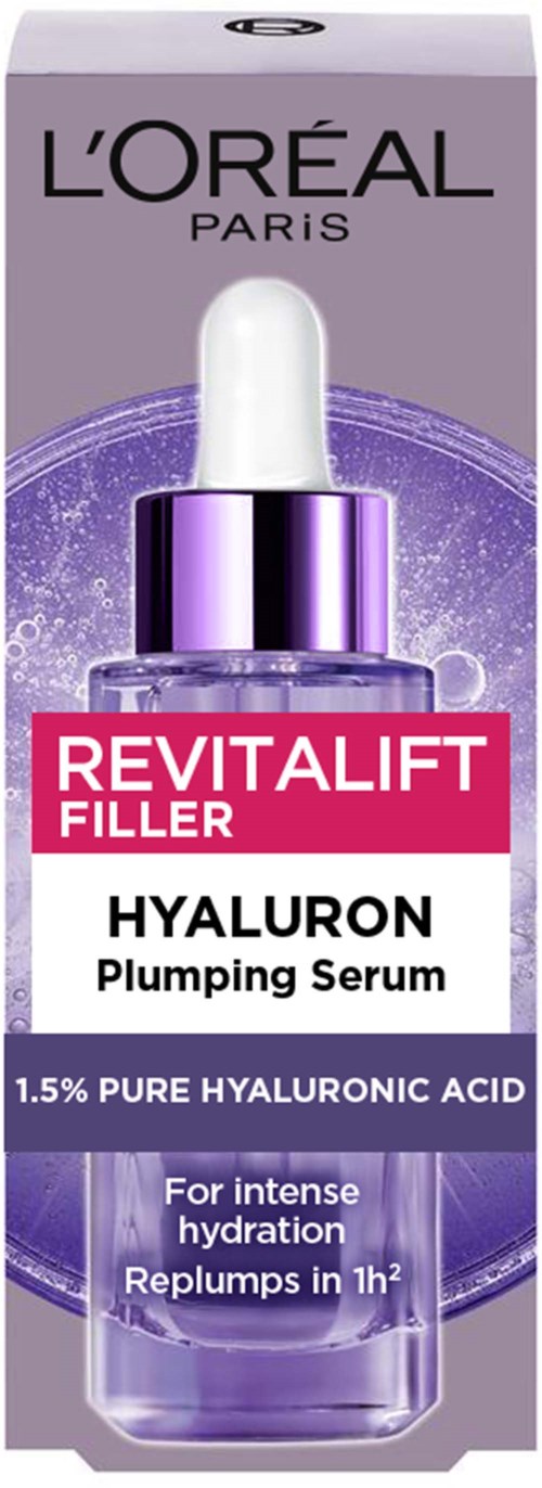 Eine Packung L'Oréal Revitalift Filler Hyaluron aufpolsterndes Serum für Hydratation und Straffung.