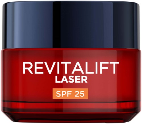 En röd burk märkt Revitalift Laser SPF 25, med svart lock, för hudvård.