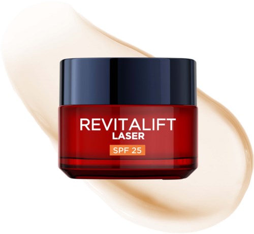 En röd burk med Revitalift Laser-kräm med SPF 25, mot en ljus krämfärgad bakgrund.