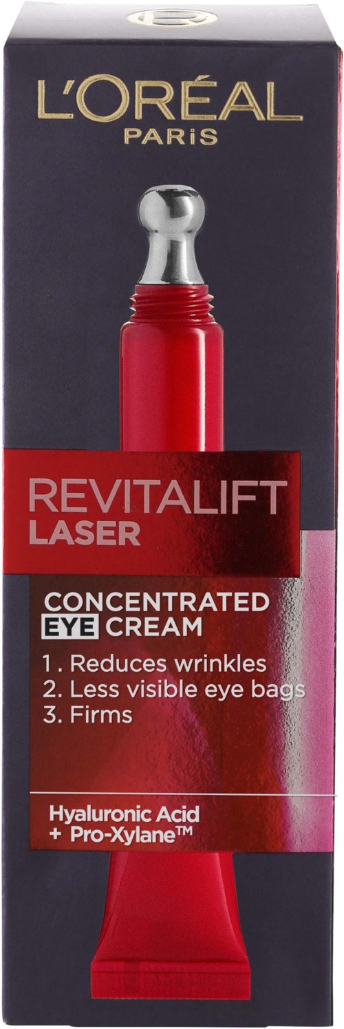 A box of L'Oréal Revitalift Laser eye cream with benefits listed: reduces wrinkles, less visible eye bags, firms skin.