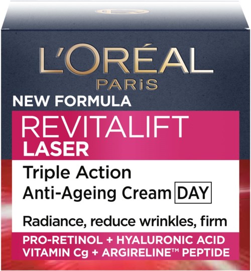 L'Oréal Paris Revitalift Laser cream with ingredients for anti-aging, reducing wrinkles, and firming skin.