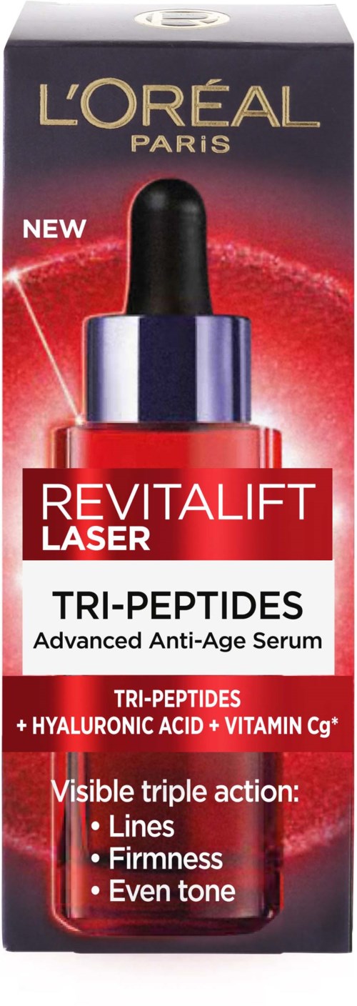 A box of L'Oreal Revitalift Laser Seru. It has a dropper bottle image, targeting anti-aging with ingredients like hyaluronic acid.