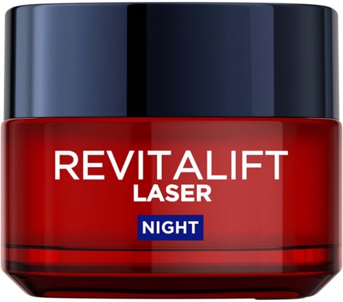 En röd burk med svart lock märkt Revitalift Laser Night. Det är en hudvårdsprodukt för natten.