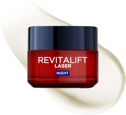 Röd burk med Revitalift Laser nattkräm med svart lock och vit bakgrund.