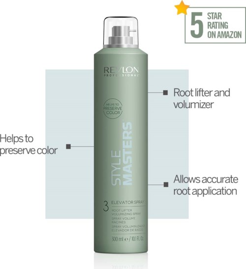 A green bottle of hair spray with a spray nozzle, labeled 'STYLE MASTERS'. It helps preserve color and apply roots accurately.