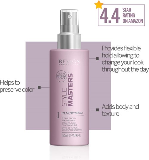 A pink spray bottle labeled 'Style Masters' with features for color preservation and flexible hold.