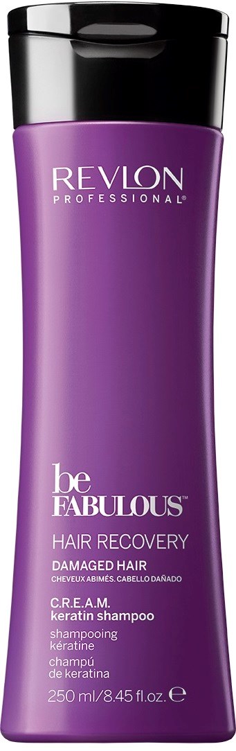 Lila Revlon-schampo-flaska för skadat hår, 250 ml, med svart lock.