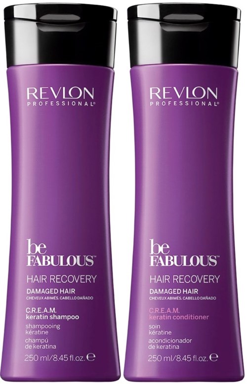 Två lila flaskor från Revlon Be Fabulous för skadat hår, en schampo och en balsam.
