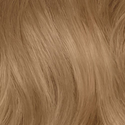 Close-up of blonde hair with soft waves, shiny and smooth. No other objects or people visible.