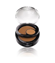 En kompakt makeup-beholder med brunt pudder og et lille spejl i det gennemsigtige låg.