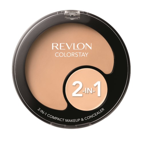 Revlon ColorStay 2-i-1 makeup og concealer-compact med beige nuancer og sort emballage.