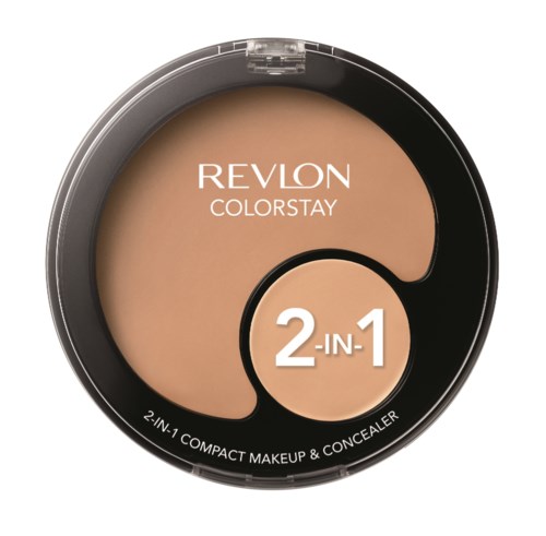 En rund makeup-æske med to nuancer, mærket Revlon Colorstay 2-in-1, til foundation og concealer.
