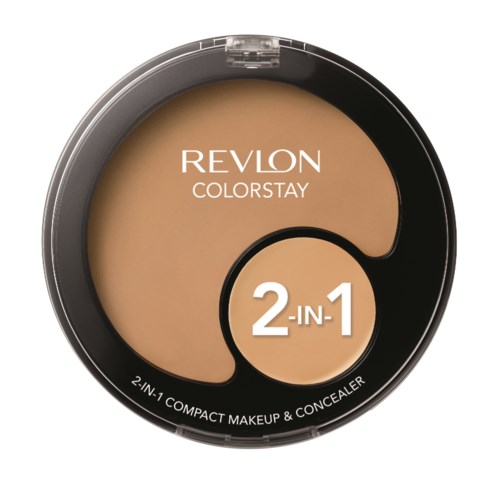 En kompakt makeup-boks med beige produkt, mærket Revlon, der angiver det er en 2-i-1 produkt til makeup og concealer.