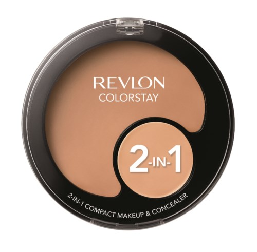 En kompakt makeup-beholder med to nuancer af beige, mærket Revlon ColorStay, og 2-in-1 makeup og concealer tekst.