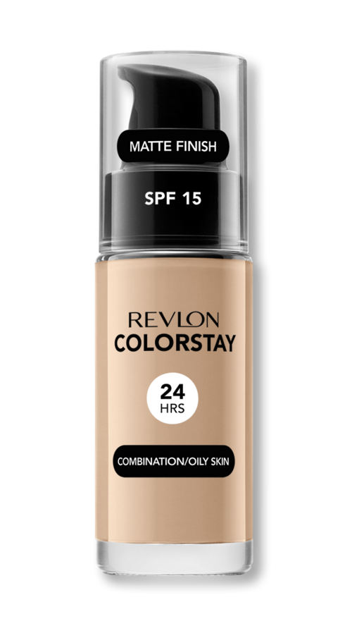 En foundationflaska med SPF 15, matt finish, för oljig hud, ger 24 timmars täckning. Revlon ColorStay.