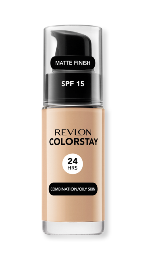 En Revlon-foundationsflaska märkta 'ColorStay', SPF 15, matt finish, för oljig hud, varar i 24 timmar.
