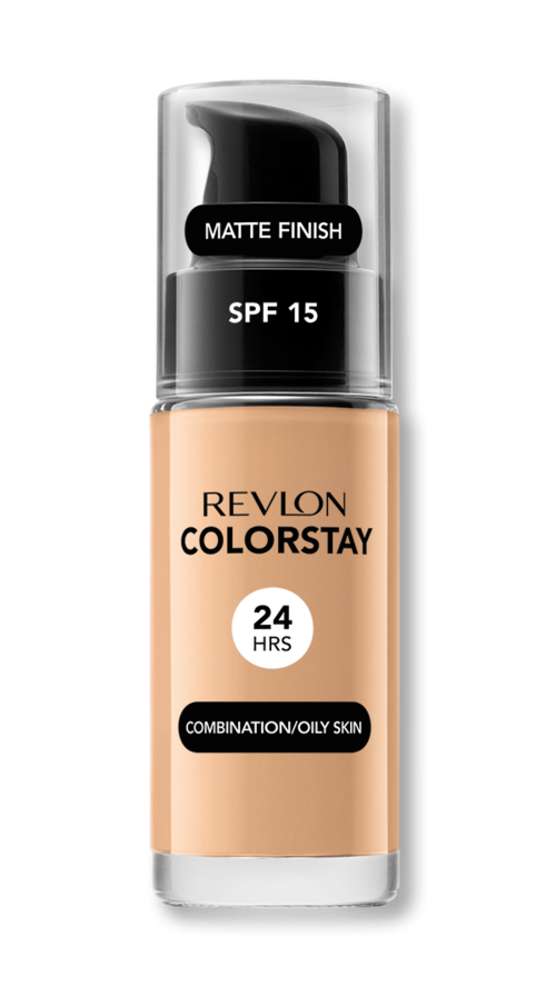 Revlon Colorstay-foundationsflaska med SPF 15 för fet hud, matt finish, 24-timmars varaktighet, i beige färg.