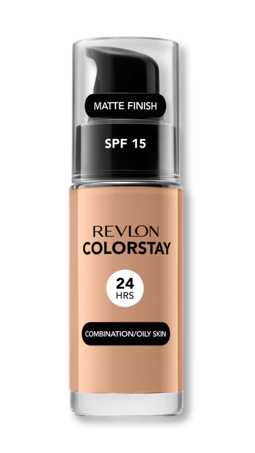 En flaska Revlon ColorStay foundation med SPF 15 för fet och kombinationshud, ger 24 timmars hållbarhet.