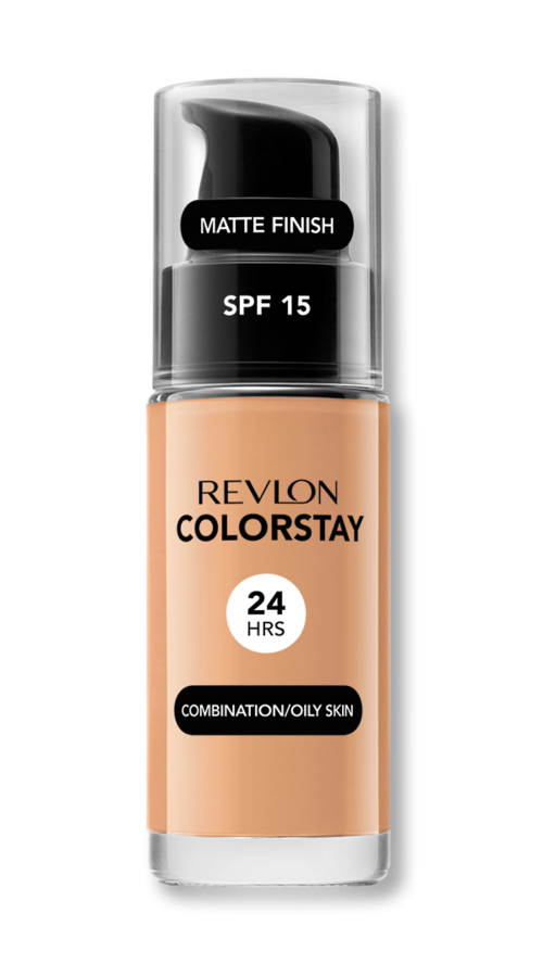 En flaska foundation från Revlon med SPF 15, matt yta, för oljig hud, håller i 24 timmar.