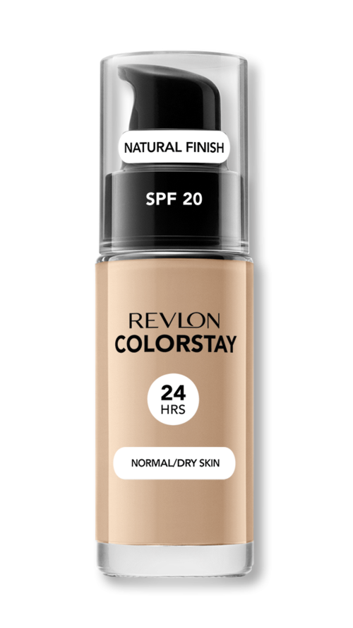 En flaska Revlon Colorstay foundation för normal/torr hud med SPF 20, håller i 24 timmar, i naturlig finish.