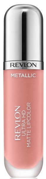 Ett Revlon läppstift med glänsande silverlock, rosa vätska inuti och produktnamn på tuben.