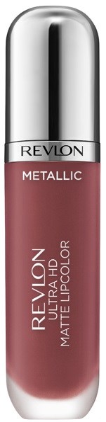 En Revlon läppstiftstift märkta som metallic, mauve färg, med silverhuvud och rosa bas.