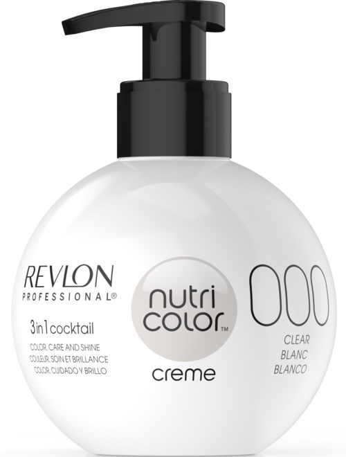 Revlon Nutri Color Creme-flaska med pump, vit och svart design, för hårr färgning och vård.